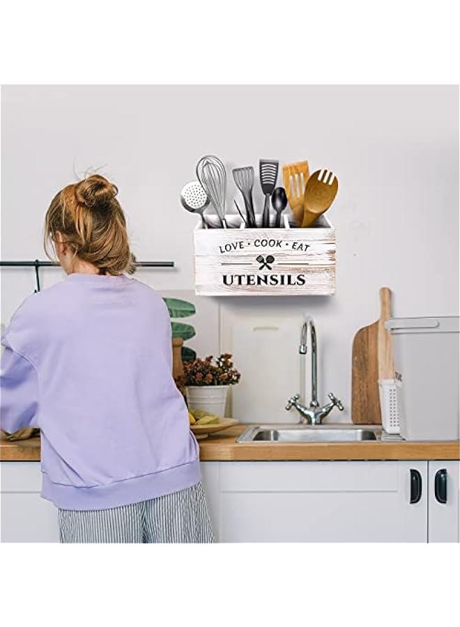 Wood Kitchen Utensil Caddy with 3 Compartments, Rustic Farmhouse Style, Ideal for Storage and Organization, White - Image 5